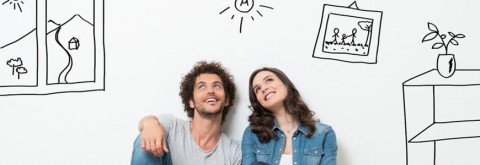 Couple sitting in a hand-drawn room