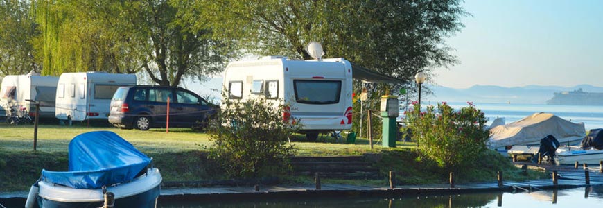 Recreational vehicles along a lake